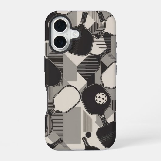 Funny Pickleball Grayscale Paddle Pattern iPhone 16ケース (裏面)