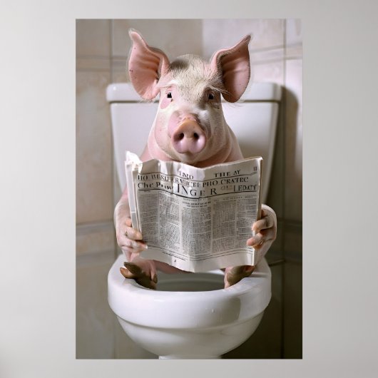 Funny Pig Bathroom Print, Toilet Newspaper Art ポスター (正面)
