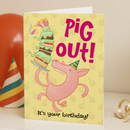 Funny Pig Eating Birthday Cake Pig Out! Cartoon カード