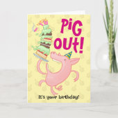 Funny Pig Eating Birthday Cake Pig Out! Cartoon カード (正面)