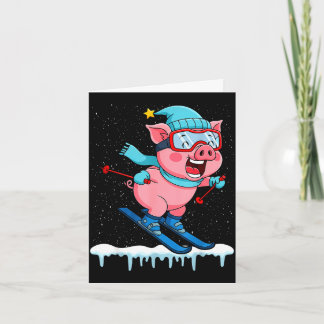 Funny pig go skiing design winter holidays  カード