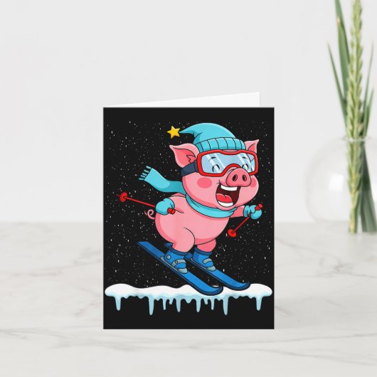 Funny pig go skiing design winter holidays  カード (正面)