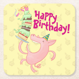 Funny Pig Happy Birthday! Giant Layer Cake Cartoon スクエアペーパーコースター
