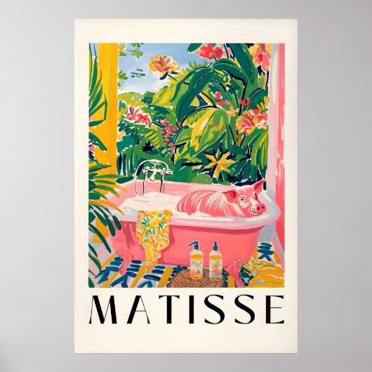 Funny Pig in Bathtub Art Print Matisse Style ポスター (正面)