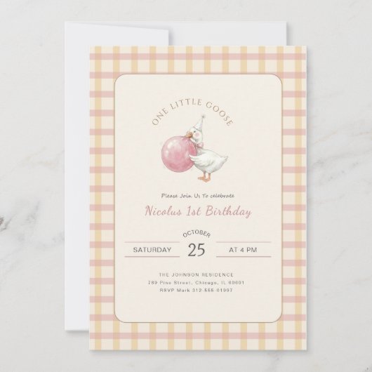 Funny Pink Bow One Little Goose 1st Birthday Party 招待状 (正面)