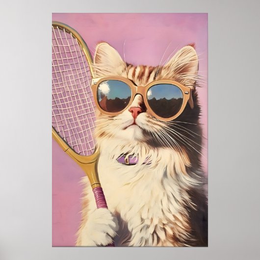 Funny Pink Cat Tennis Art Print - Cute Wall for ポスター (正面)
