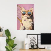 Funny Pink Cat Tennis Art Print - Cute Wall for ポスター (ホームオフィス)