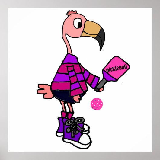 Funny Pink Flamingo Playing Pickleball Cartoon ポスター (正面)