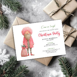 Funny pink santa Christmas party invitation card 招待状