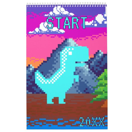Funny Pixel Gamer Pixelated- Dinosaur Illustration カレンダー (カバー)
