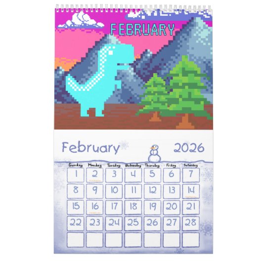Funny Pixel Gamer Pixelated- Dinosaur Illustration カレンダー (2月 2026)