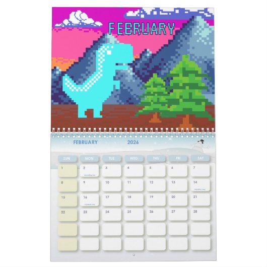 Funny Pixel Gamer Pixelated- Dinosaur Illustration カレンダー (2月 2026)