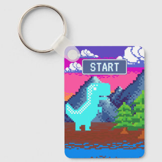 Funny Pixel Gamer Pixelated- Dinosaur Illustration キーホルダー