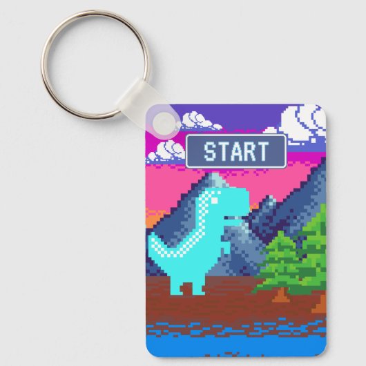 Funny Pixel Gamer Pixelated- Dinosaur Illustration キーホルダー (正面)