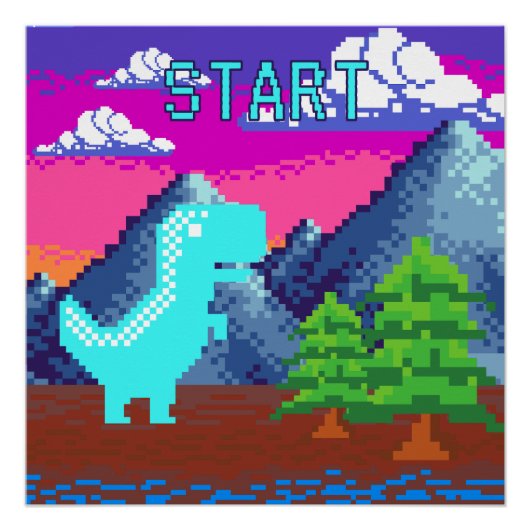Funny Pixel Gamer Pixelated- Dinosaur Illustration ポスター (正面)