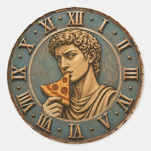 Funny Pizza David Renaissance Art Parody Kitchen ラウンドシール (正面)