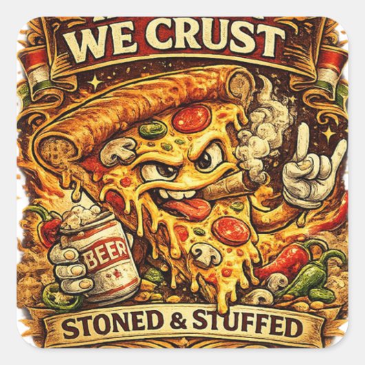 Funny Pizza Sticker – In Pizza We Crust Retro Pizz スクエアシール (正面)