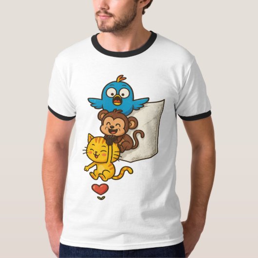 Funny Pocket Cartoon Trio – Cute Hanging T-Shirt Tシャツ (正面)