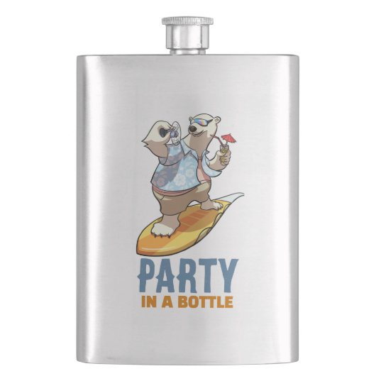 Funny Polar Bear Party In A Bottle Surfer Cartoon フラスク (正面)