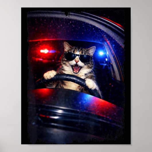 Funny police crazy cat driving car funny cat memeF ポスター (正面)