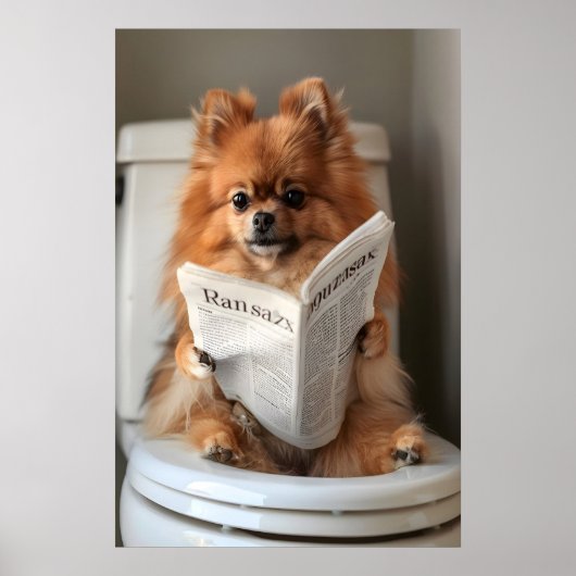 Funny Pomeranian Bathroom Print, Toilet Newspaper ポスター (正面)