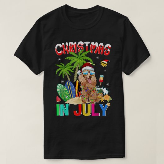 Funny Poodle Dog in Santa Hat Sunglasses Christmas Tシャツ (デザイン正面)