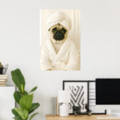 Funny Pug Bathroom Print, Pug In Bathrobe Poster ポスター (ホームオフィス)