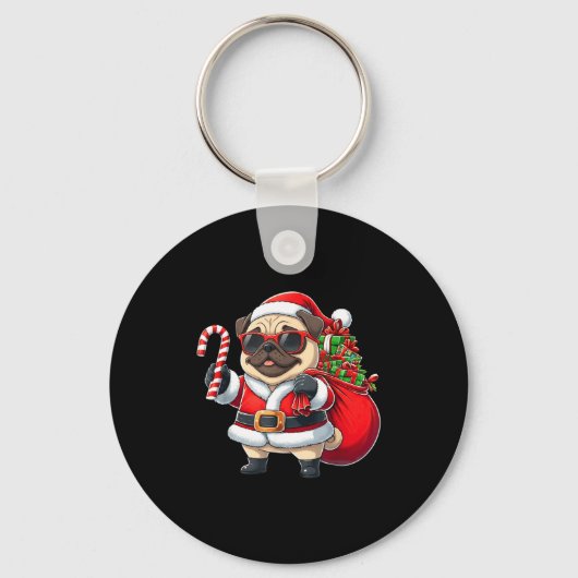 Funny Pug Christmas Santa Outfit Xmas Mom Dad Kids キーホルダー (正面)