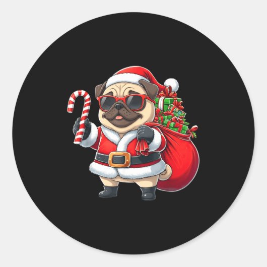 Funny Pug Christmas Santa Outfit Xmas Mom Dad Kids ラウンドシール (正面)