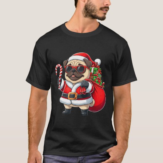 Funny Pug Christmas Santa Outfit Xmas Mom Dad Kids Tシャツ (正面)