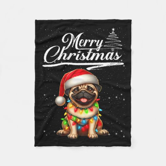 Funny Pug Dog Christmas Lights Santa Hat Candy Can フリースブランケット (正面)