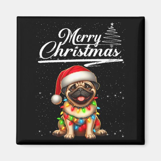 Funny Pug Dog Christmas Lights Santa Hat Candy Can マグネット (正面)