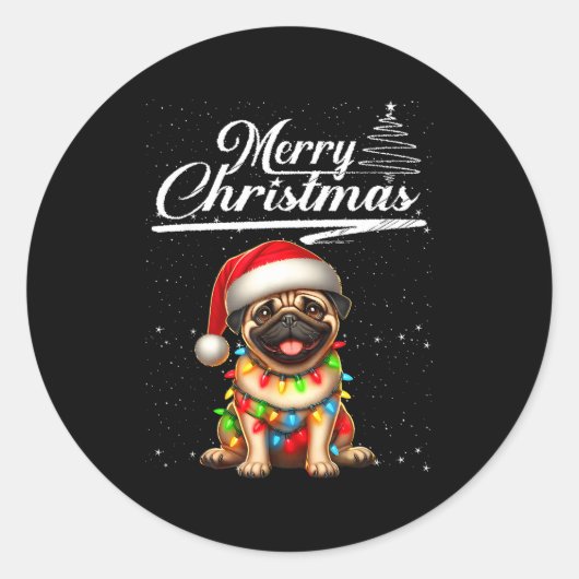 Funny Pug Dog Christmas Lights Santa Hat Candy Can ラウンドシール (正面)