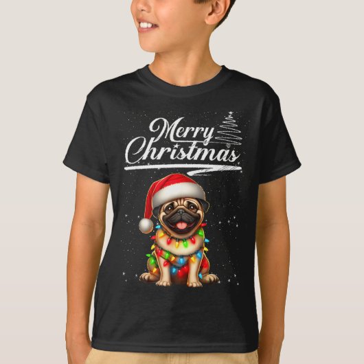 Funny Pug Dog Christmas Lights Santa Hat Candy Can Tシャツ (正面)