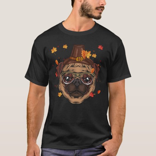 Funny Pug Dog Lovers Pilgrim Hat Fall Happy Thanks Tシャツ (正面)