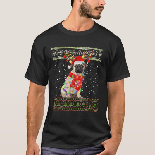 Funny Pug Dog Ugly Christmas Lights Sweater Man Wo Tシャツ (正面)