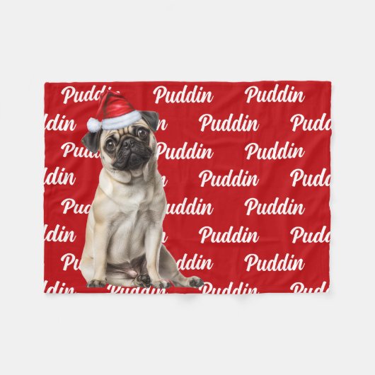 Funny Pug Dog with Name Pattern Christmas フリースブランケット (正面(横))