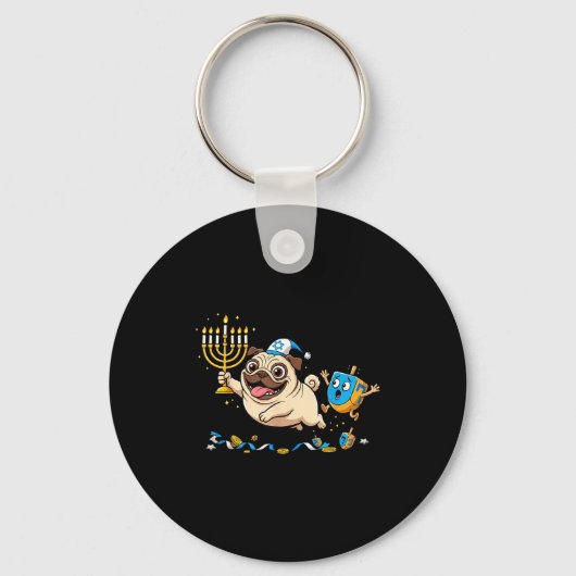 Funny Pug Dreidel Menorah Hanukkah Kids Womens Men キーホルダー (正面)