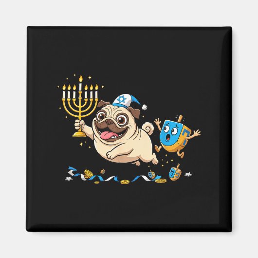 Funny Pug Dreidel Menorah Hanukkah Kids Womens Men マグネット (正面)
