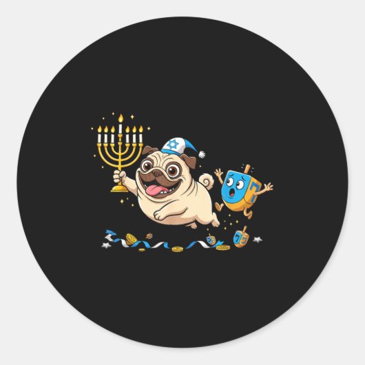 Funny Pug Dreidel Menorah Hanukkah Kids Womens Men ラウンドシール (正面)