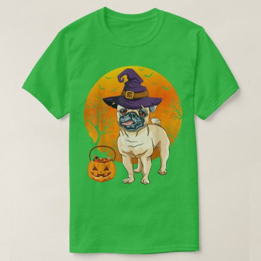 Funny Pug Moon Halloween Witch Hat Pug Dog Owner L Tシャツ (デザイン正面)