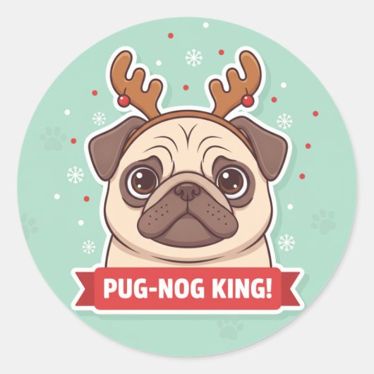 Funny Pug Reindeer Holiday Sticker ラウンドシール (正面)