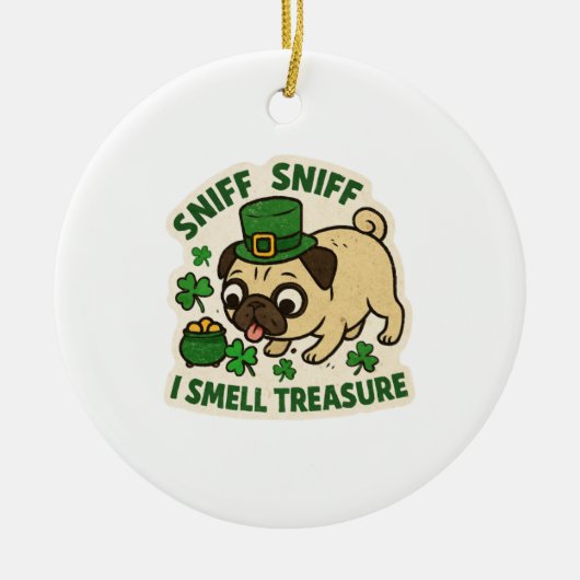 Funny Pug Treasure Hunting St. Patrick’s Day セラミックオーナメント (正面)