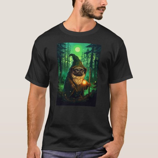 Funny Pug Wizard Cute Dog Pixel Art Tシャツ (正面)