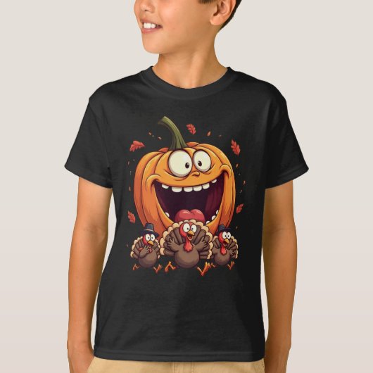 Funny Pumpkin Pie Chasing Turkeys Men Women Kids Tシャツ (正面)