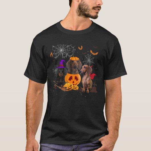 Funny Pumpkin Witch Dachshund Matching Dog Hallowe Tシャツ (正面)