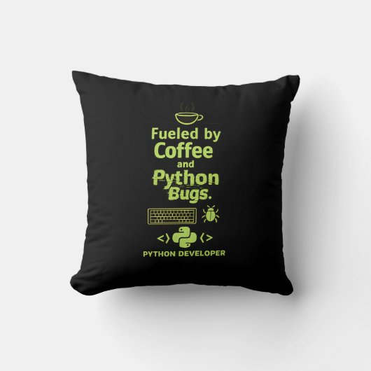 Funny Python Developer – Fueled by Coffee bugs  クッション (正面)