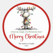 Funny quirky reindeer sticker with Christmas light ラウンドシール (正面)