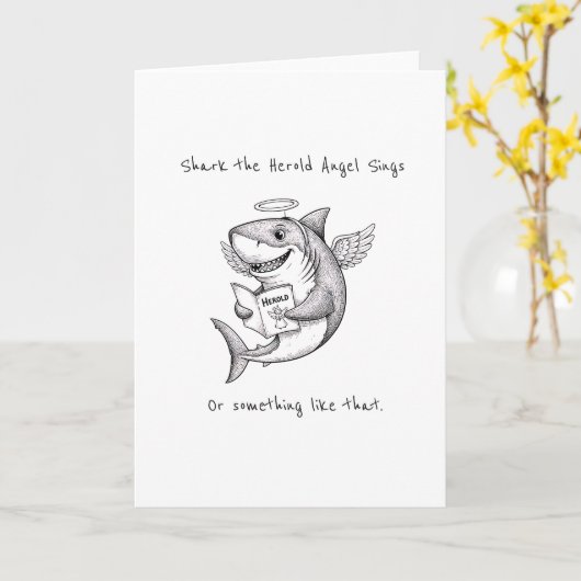 Funny Quirky Shark The Harold Angel Sing Christmas カード (黄色い花)