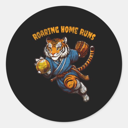 Funny Quote Roaring Home Run Ball Retro Tiger Love ラウンドシール (正面)